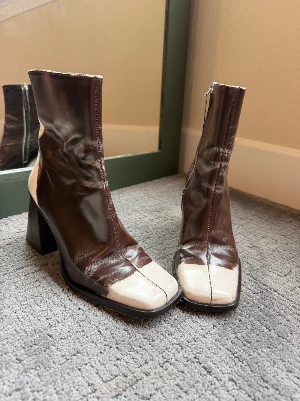 ALOHAS South Degraded Two-Tone Brown Cream Square Toe Leather Block Heel Boots - Picture 3 of 6
